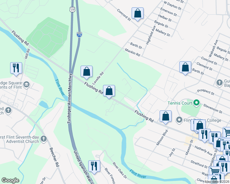 map of restaurants, bars, coffee shops, grocery stores, and more near G3500 Flushing Road in Flint