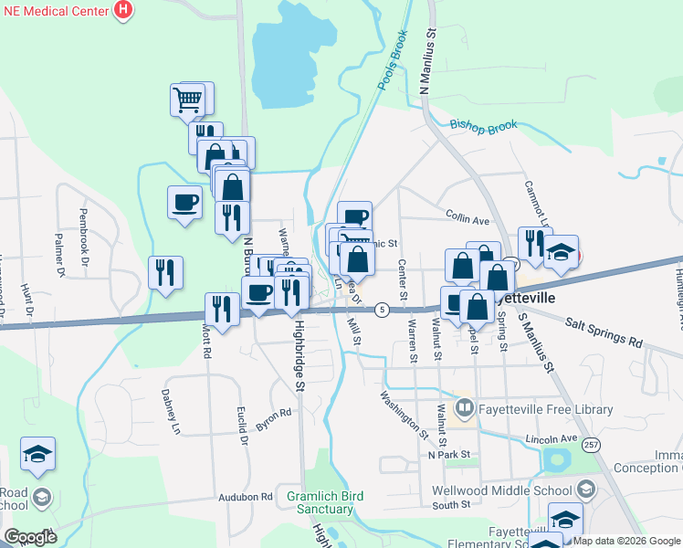 map of restaurants, bars, coffee shops, grocery stores, and more near 102 West Elm Street in Fayetteville