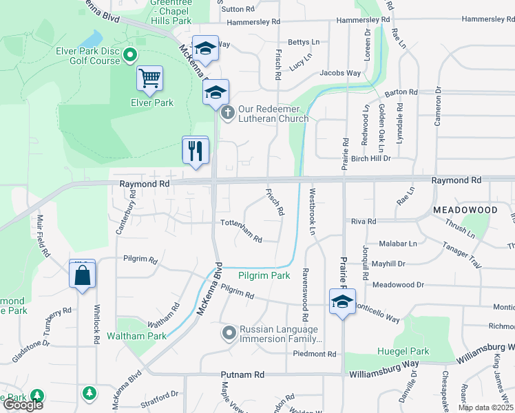 map of restaurants, bars, coffee shops, grocery stores, and more near 2017 Adderbury Lane in Madison