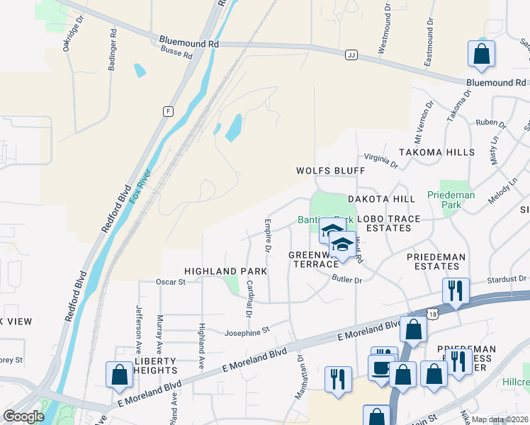 map of restaurants, bars, coffee shops, grocery stores, and more near 2116 Empire Drive in Waukesha
