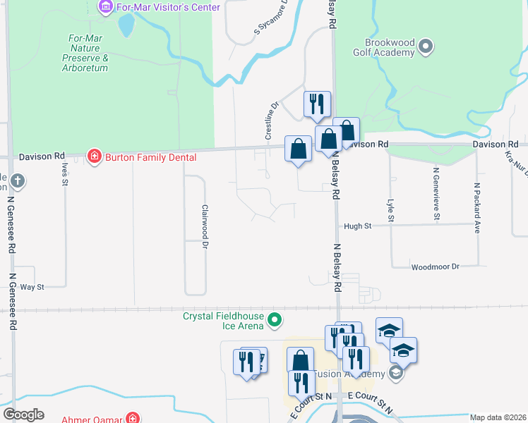 map of restaurants, bars, coffee shops, grocery stores, and more near 1386 Farner Drive in Burton