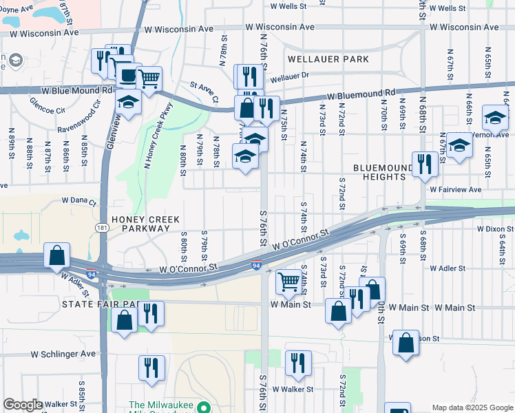 map of restaurants, bars, coffee shops, grocery stores, and more near 145 South 76th Street in Milwaukee