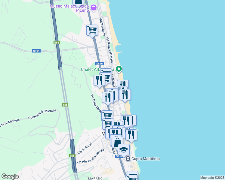 map of restaurants, bars, coffee shops, grocery stores, and more near 31 Via Kennedy in Cupra Marittima