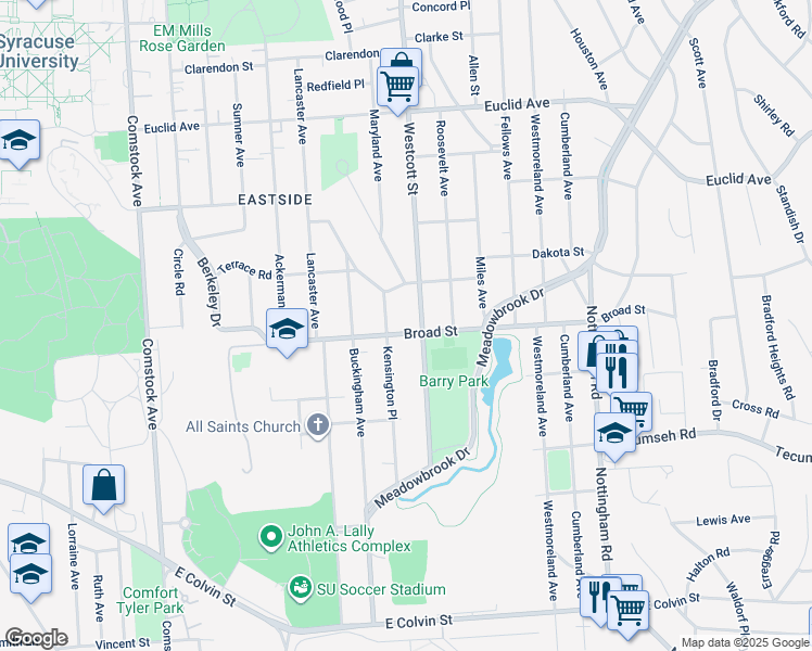 map of restaurants, bars, coffee shops, grocery stores, and more near 515 Broad St in Syracuse