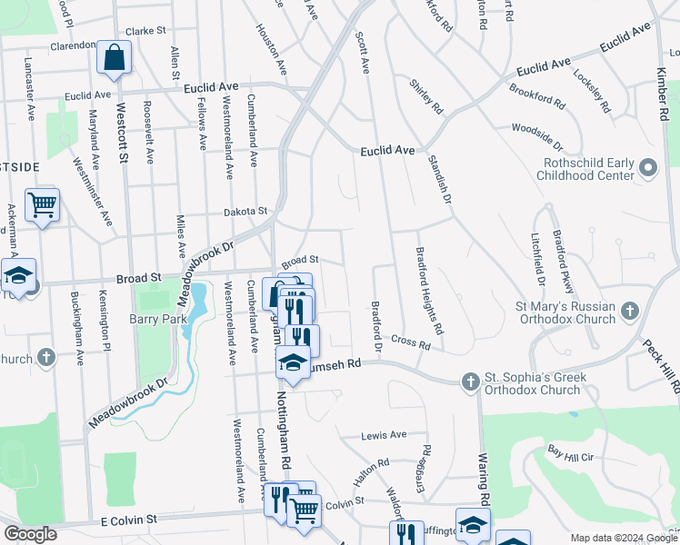 map of restaurants, bars, coffee shops, grocery stores, and more near 200 Croyden Road in Syracuse