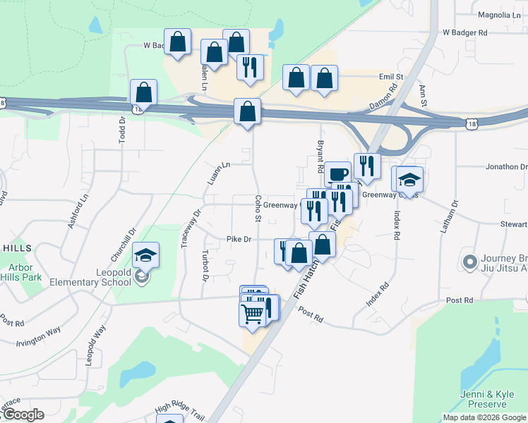 map of restaurants, bars, coffee shops, grocery stores, and more near 2850 Coho Street in Fitchburg