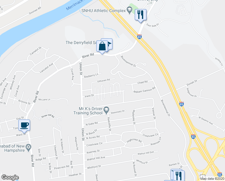map of restaurants, bars, coffee shops, grocery stores, and more near 184 Irwin Drive in Manchester