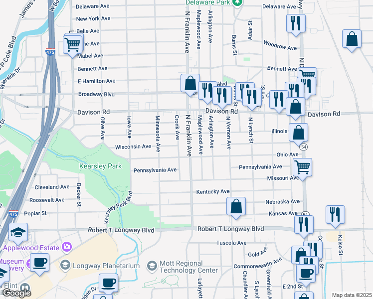 map of restaurants, bars, coffee shops, grocery stores, and more near 1511 North Franklin Avenue in Flint