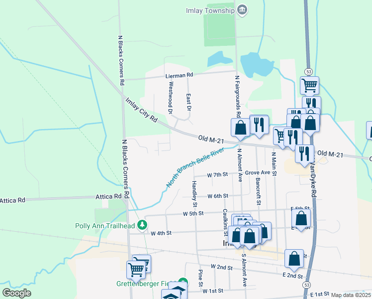 map of restaurants, bars, coffee shops, grocery stores, and more near 321 West Capac Road in Imlay City