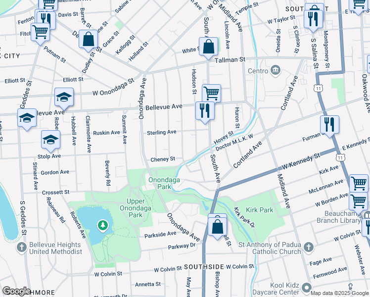 map of restaurants, bars, coffee shops, grocery stores, and more near 439 Rich Street in Syracuse