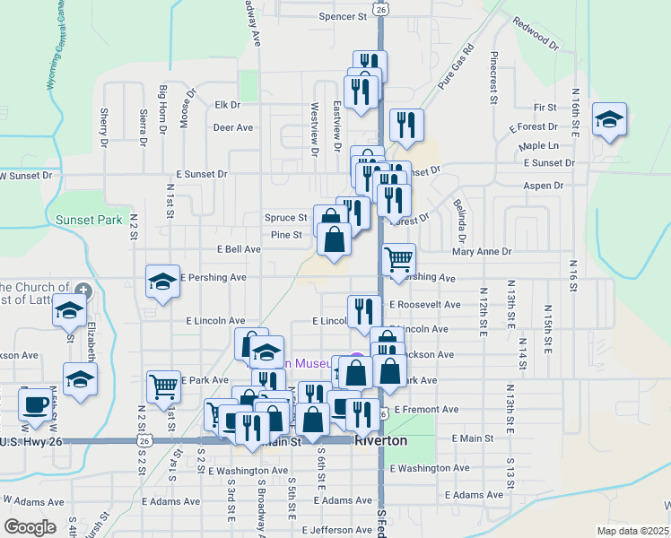 map of restaurants, bars, coffee shops, grocery stores, and more near 608 East Pershing Avenue in Riverton
