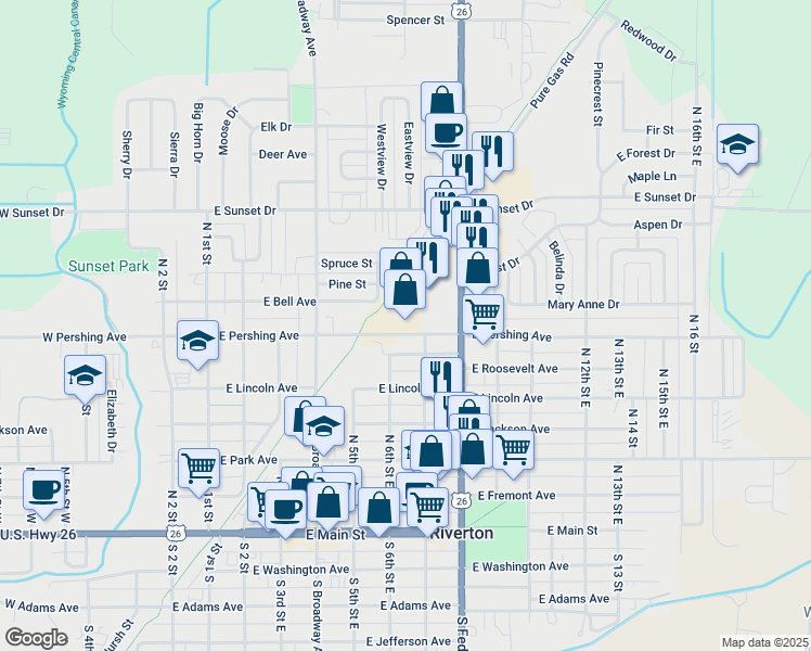 map of restaurants, bars, coffee shops, grocery stores, and more near 608 East Pershing Avenue in Riverton