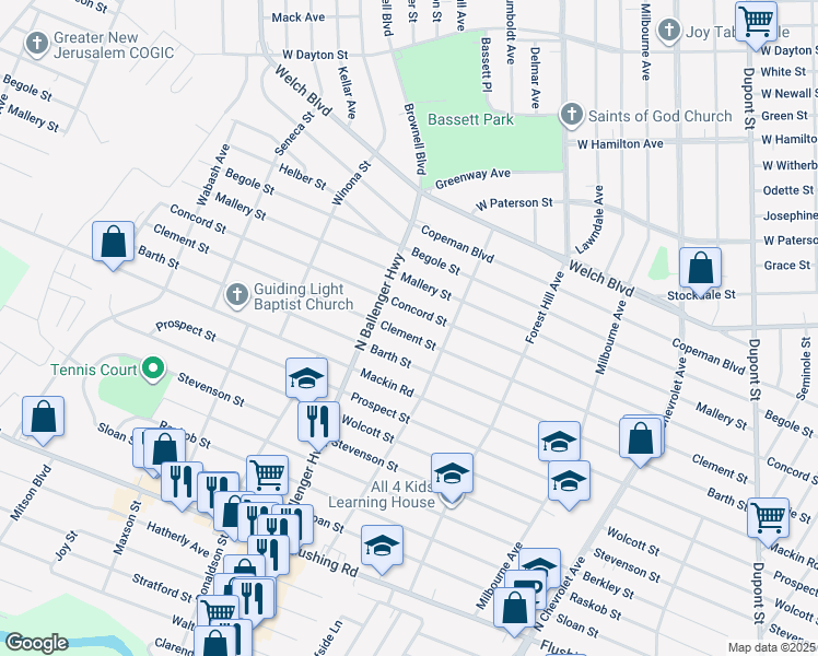 map of restaurants, bars, coffee shops, grocery stores, and more near 2835 Clement Street in Flint