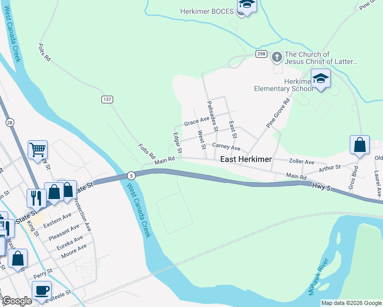 map of restaurants, bars, coffee shops, grocery stores, and more near 165 Main Rd in Herkimer