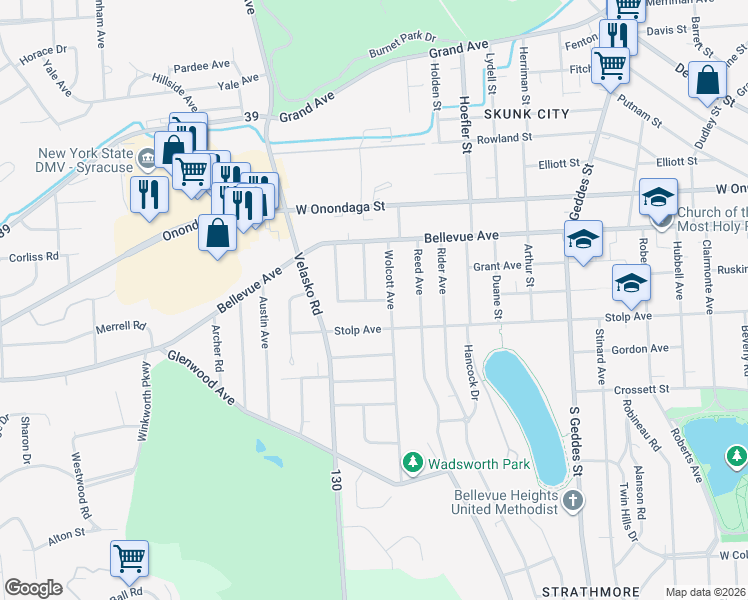 map of restaurants, bars, coffee shops, grocery stores, and more near 115 Vieau Drive in Syracuse