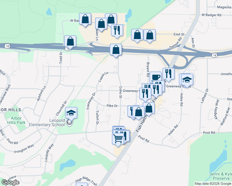 map of restaurants, bars, coffee shops, grocery stores, and more near 2001 Greenway Cross in Fitchburg