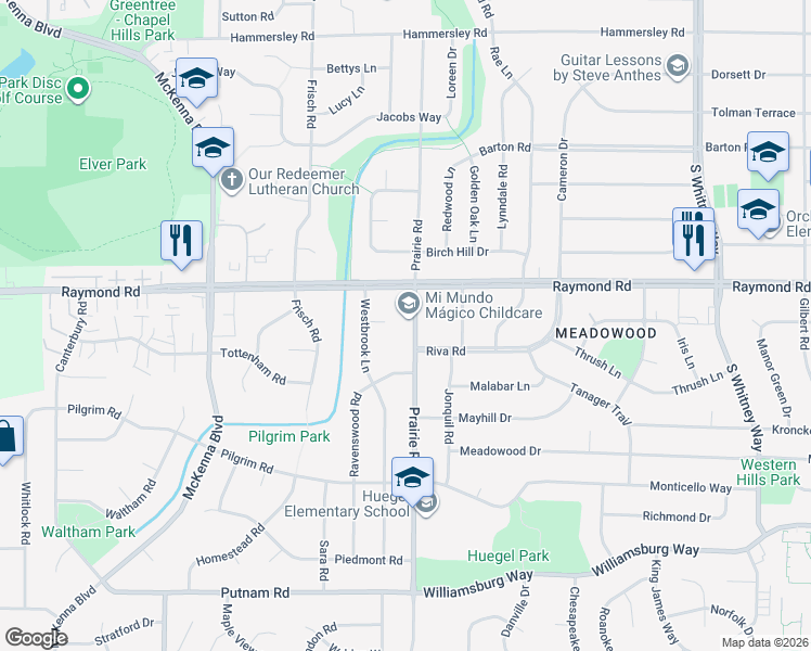 map of restaurants, bars, coffee shops, grocery stores, and more near 6118 Riva Road in Madison