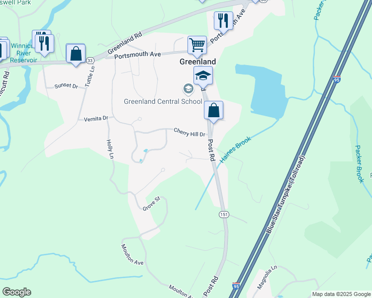 map of restaurants, bars, coffee shops, grocery stores, and more near 36 Downs Avenue in Greenland