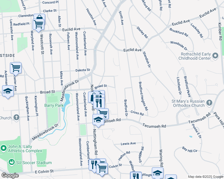 map of restaurants, bars, coffee shops, grocery stores, and more near 212 Croyden Road in Syracuse