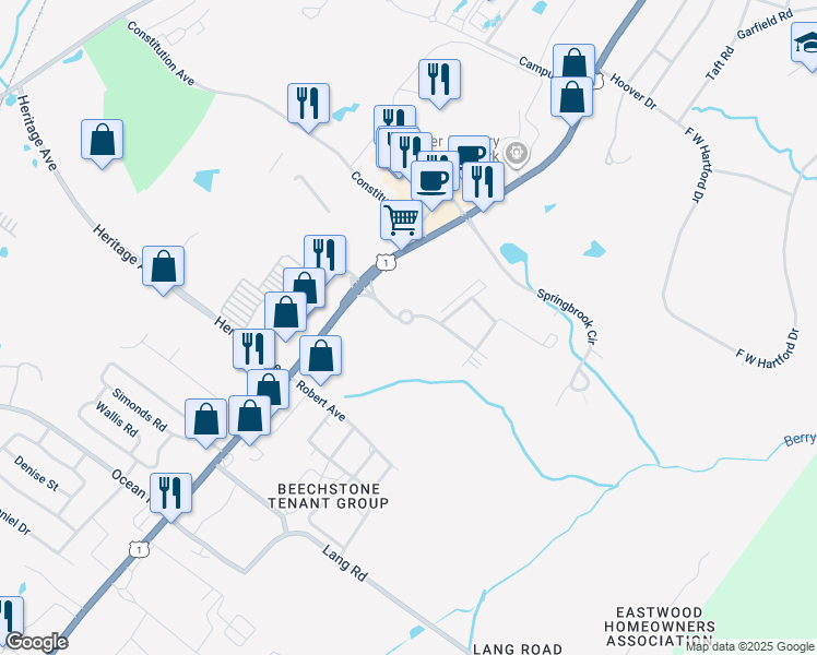 map of restaurants, bars, coffee shops, grocery stores, and more near 307 White Cedar Boulevard in Portsmouth