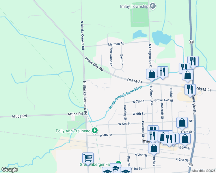 map of restaurants, bars, coffee shops, grocery stores, and more near 321 West Capac Road in Imlay City