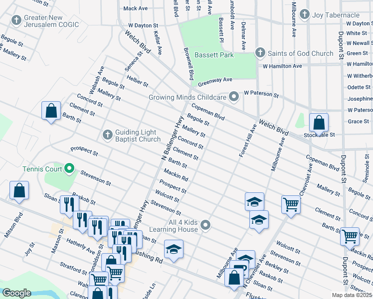 map of restaurants, bars, coffee shops, grocery stores, and more near 2835 Clement Street in Flint