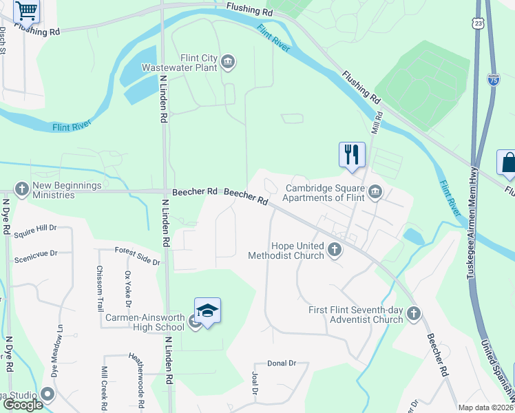 map of restaurants, bars, coffee shops, grocery stores, and more near 4625 Beecher Road in Flint