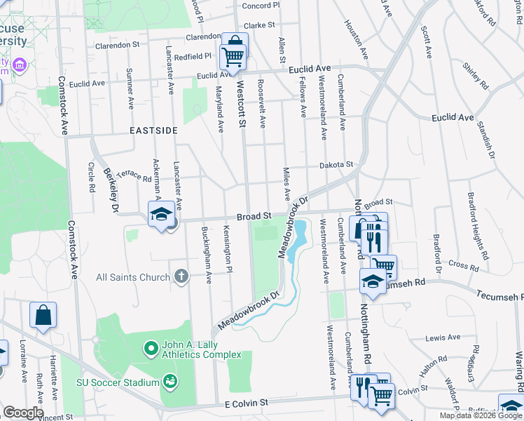 map of restaurants, bars, coffee shops, grocery stores, and more near 611 Broad Street in Syracuse