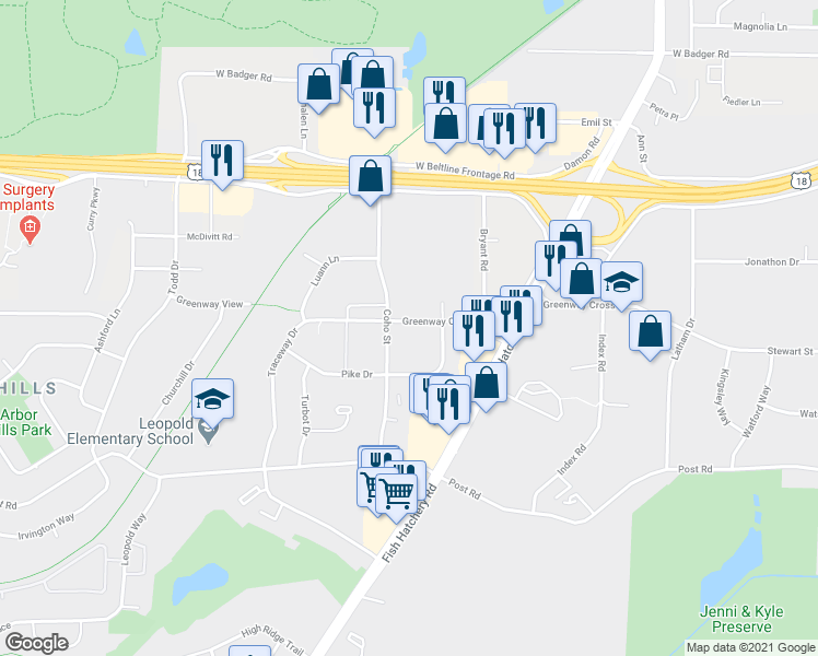 map of restaurants, bars, coffee shops, grocery stores, and more near 1911 Greenway Cross in Fitchburg