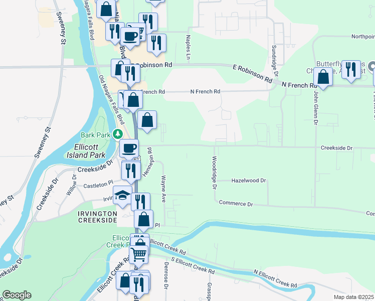 map of restaurants, bars, coffee shops, grocery stores, and more near 101 Creekside Drive in Buffalo