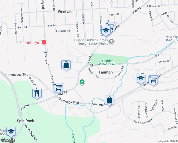 map of restaurants, bars, coffee shops, grocery stores, and more near 133 Sheraton Road in Syracuse