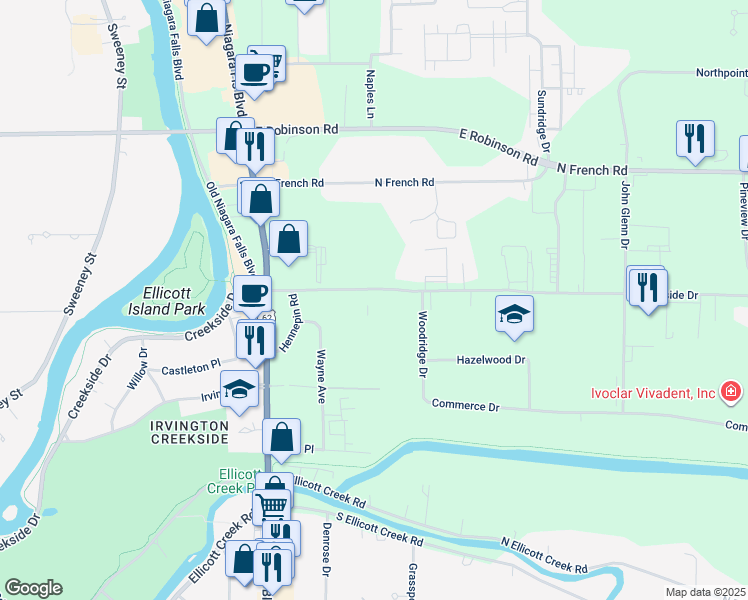 map of restaurants, bars, coffee shops, grocery stores, and more near 135 Creekside Drive in Erie County