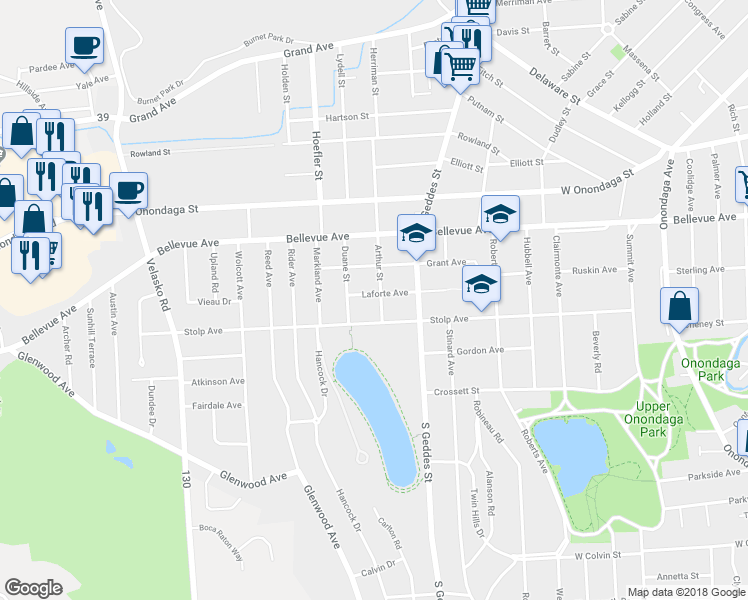 map of restaurants, bars, coffee shops, grocery stores, and more near 403 Laforte Avenue in Syracuse