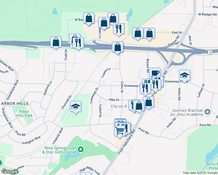 map of restaurants, bars, coffee shops, grocery stores, and more near 2019 Greenway Cross in Fitchburg