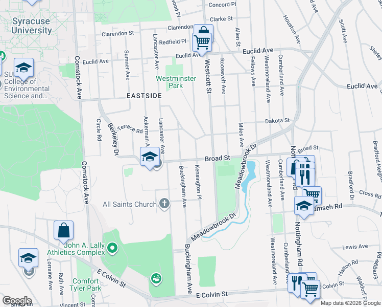 map of restaurants, bars, coffee shops, grocery stores, and more near 259-61 Buckingham Avenue in Syracuse