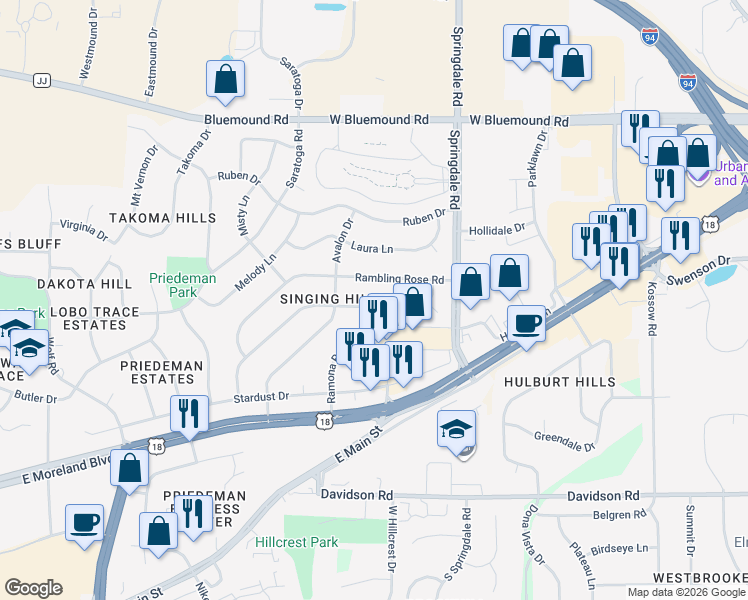 map of restaurants, bars, coffee shops, grocery stores, and more near 2100 Sunnyside Drive in Waukesha