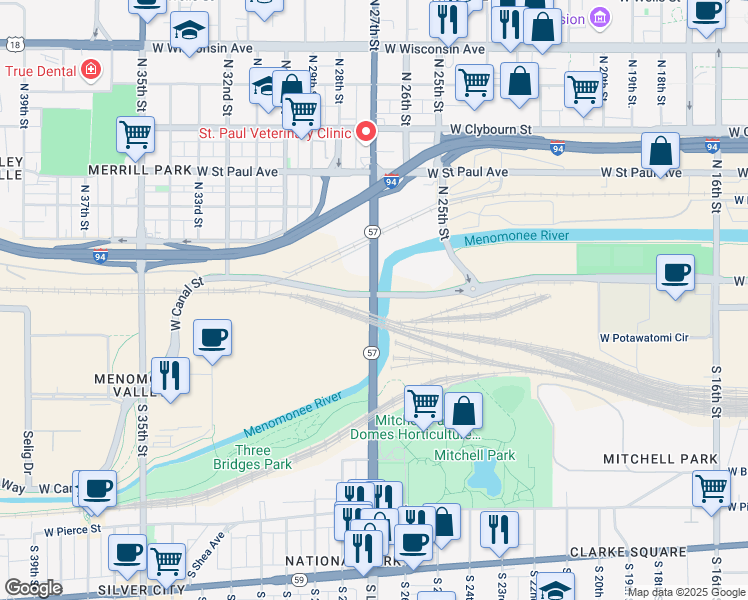 map of restaurants, bars, coffee shops, grocery stores, and more near N 27th St & S Layton Blvd in Milwaukee