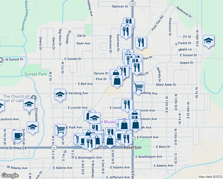 map of restaurants, bars, coffee shops, grocery stores, and more near 500-514 E Pershing Ave in Riverton