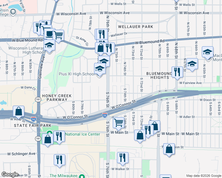 map of restaurants, bars, coffee shops, grocery stores, and more near 7520-7524 West Dixon Street in Milwaukee