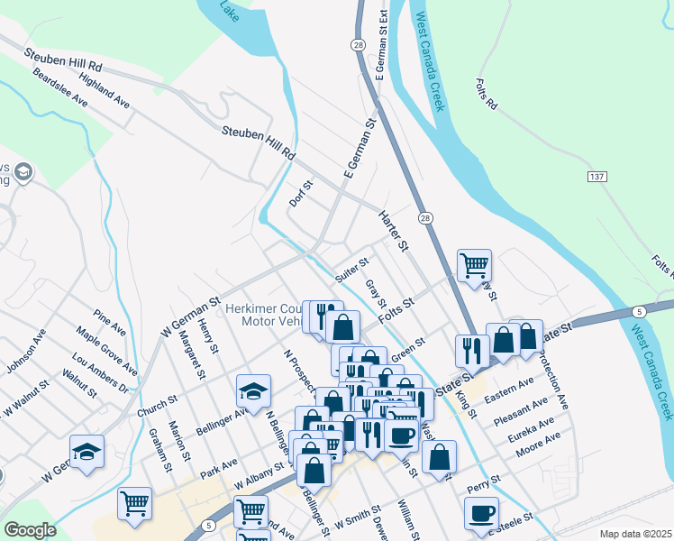 map of restaurants, bars, coffee shops, grocery stores, and more near 201 Suiter St in Herkimer