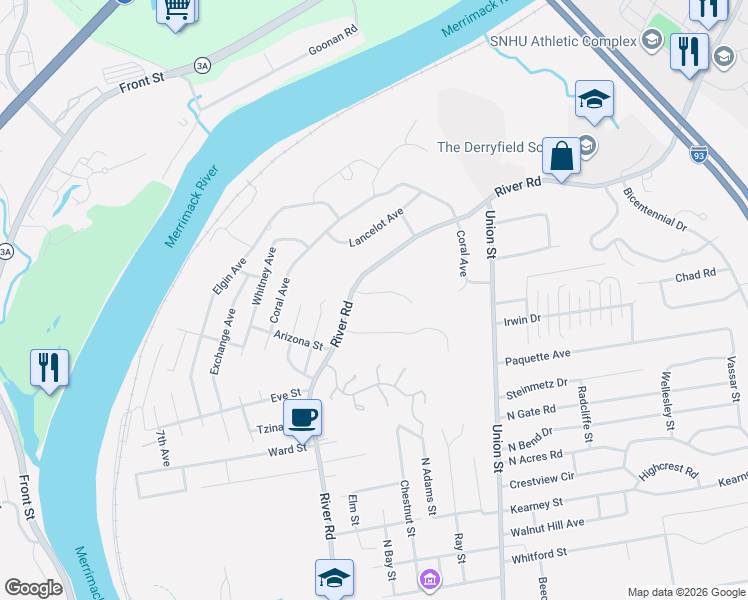 map of restaurants, bars, coffee shops, grocery stores, and more near 1651 River Road in Manchester