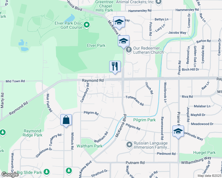map of restaurants, bars, coffee shops, grocery stores, and more near 18 North Wickham Court in Madison