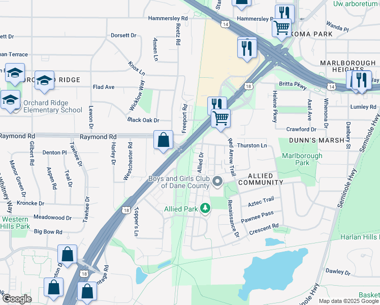 map of restaurants, bars, coffee shops, grocery stores, and more near 4900 Verona Road in Madison