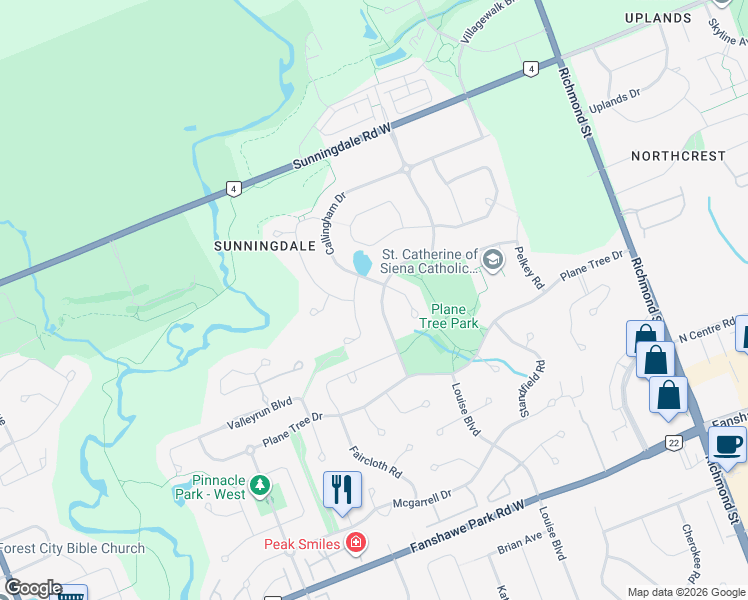 map of restaurants, bars, coffee shops, grocery stores, and more near 2148 Creekridge Bend in London