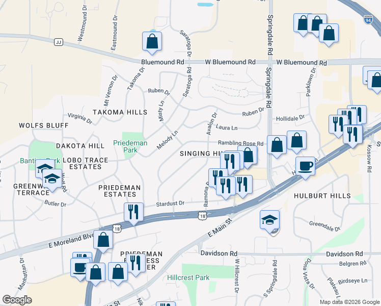 map of restaurants, bars, coffee shops, grocery stores, and more near 1972 Sunnyside Drive in Waukesha
