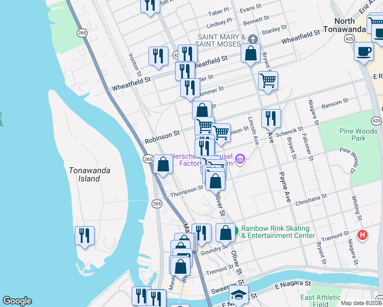 map of restaurants, bars, coffee shops, grocery stores, and more near 20 North Marion Street in North Tonawanda