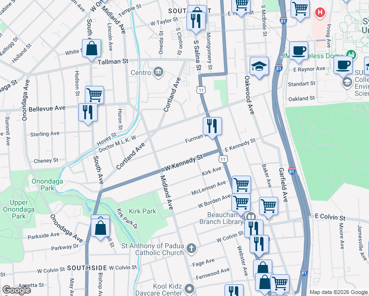 map of restaurants, bars, coffee shops, grocery stores, and more near 220 West Kennedy Street in Syracuse