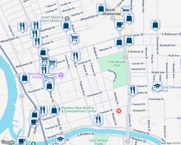 map of restaurants, bars, coffee shops, grocery stores, and more near 265 Falconer Street in North Tonawanda