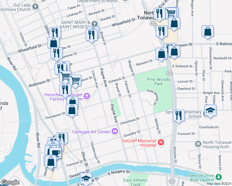 map of restaurants, bars, coffee shops, grocery stores, and more near 300 Thompson Street in North Tonawanda