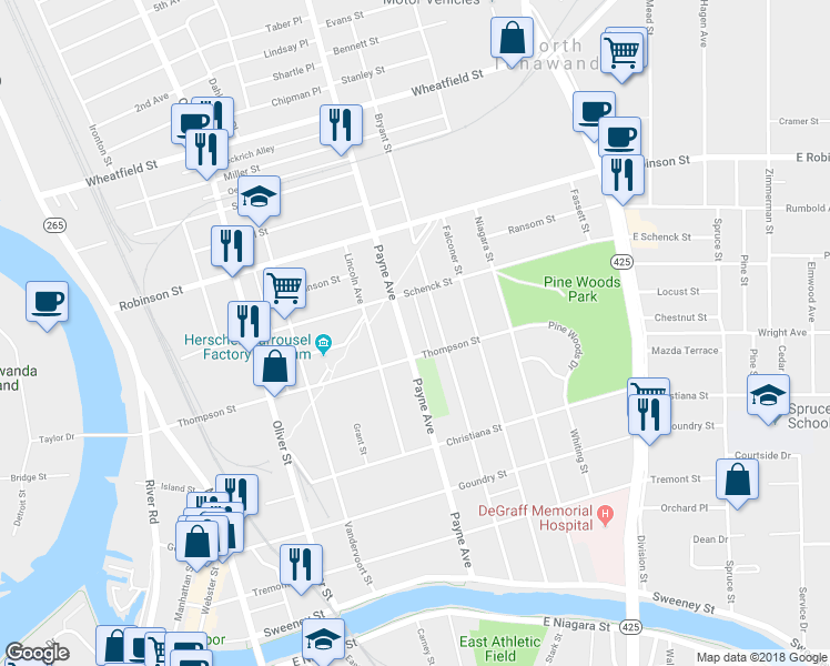 map of restaurants, bars, coffee shops, grocery stores, and more near in North Tonawanda